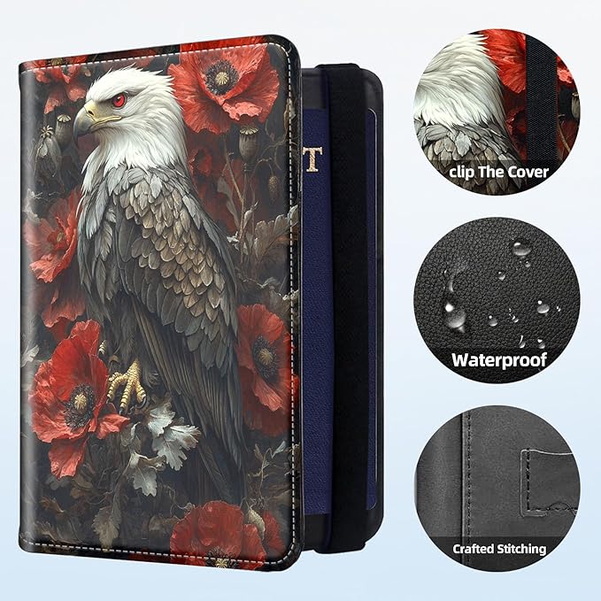 Passport Holder for Travel, RFID Blocking Passport Holder Travel Walle, Passport and Vaccine Card Holder, Vacation Must Haves Travel Accessories for Men Women, Eagle Red Flower