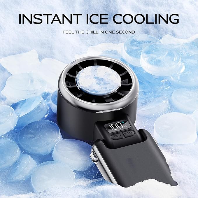 Portable Handheld Fan with Ice Cooling - 5 Gear High Speed Personal Turbo Fan Rechargeable, Up to 13 Hrs, Mini Hand Fans for Travel Essentials, Beach Vacation, Gifts for Women, Men (Black)