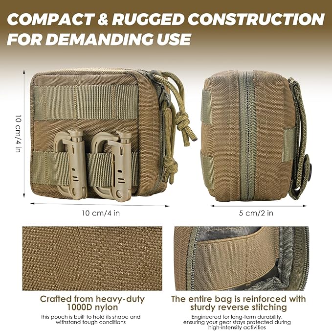2 Pack Mini Tactical EDC Molle Pouch with 4 D-Rings, Compact Utility Belt Pouches Organizer with Removable Clear ID Pocket for Enhanced Gear Attachment (4x4 GP Pouch)