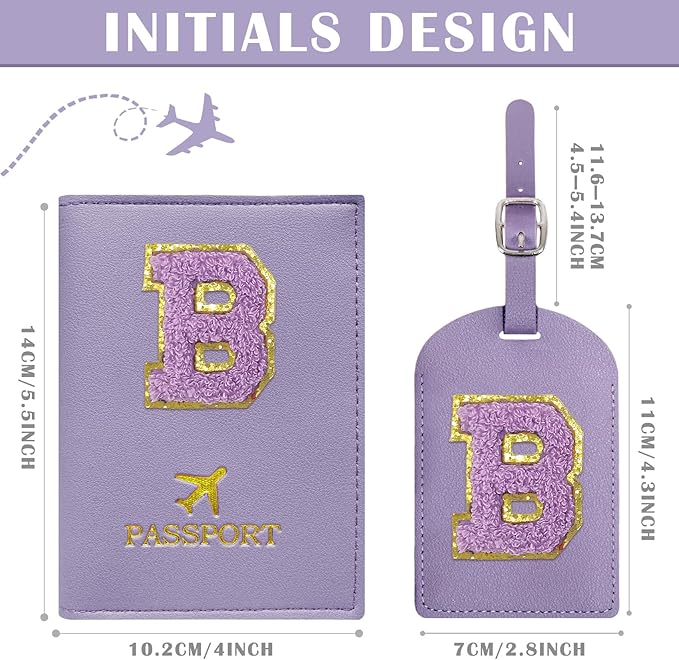 COSHAYSOO Initial Passport Cover Luggage Tag Set Letter Passport Holder Airplane Cruise Travel Essentials Vacation Traveling Accessories Personalized Gifts for Women Teen College Girls Purple B