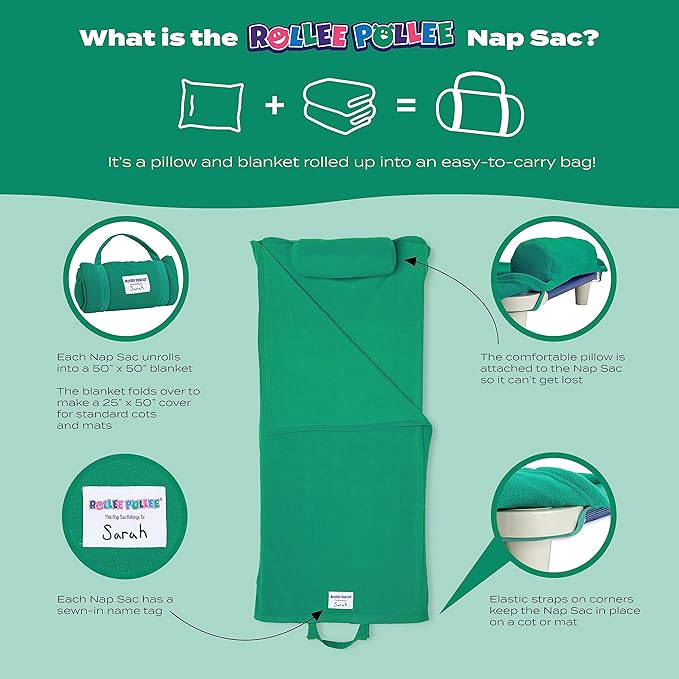 ROLLEE POLLEE Nap Sac Roll Up Napping Blanket with Attached Pillow for Preschool/Daycare, Super Soft with Elastic Straps, Fits Most Mats and Cots