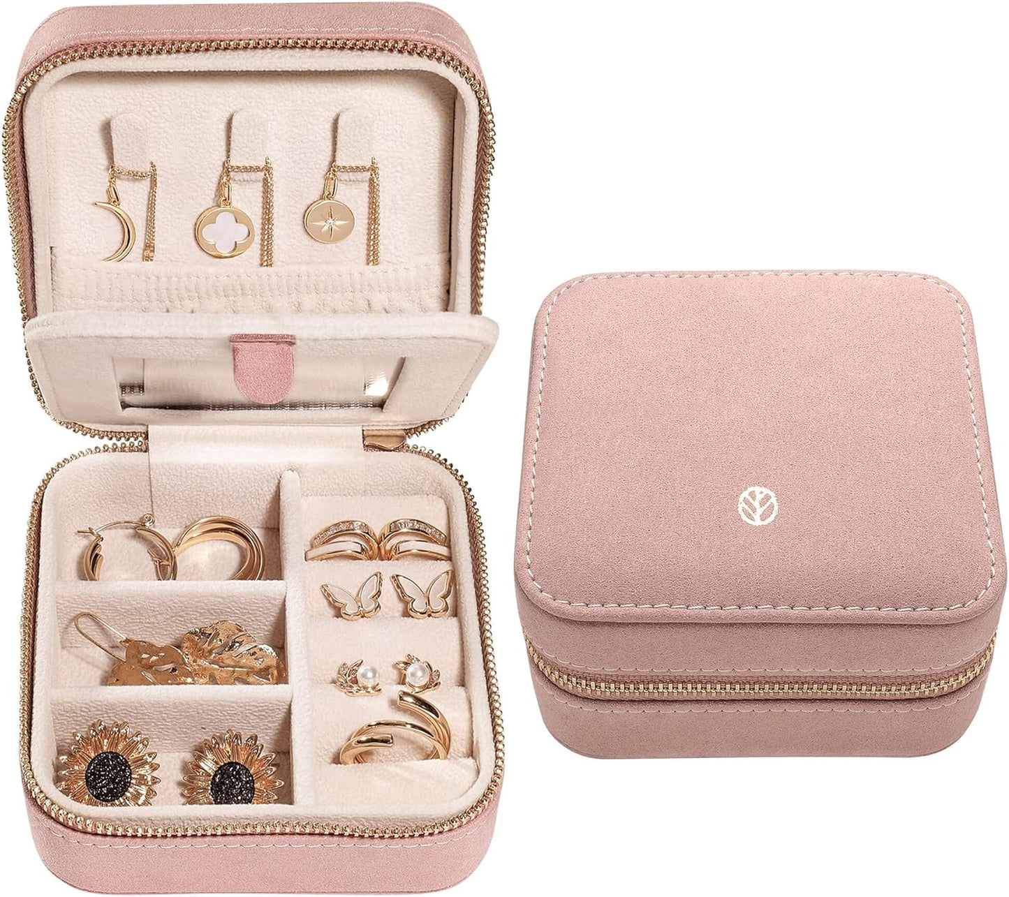 S.Leaf Travel Jewelry Organizer Travel Jewelry Boxes for Women Small Jewelry Travel Case Box Portable Travel Jewelry Case Travel Case Mini Jewelry (05_Suede_Touch_Dust_Pink)