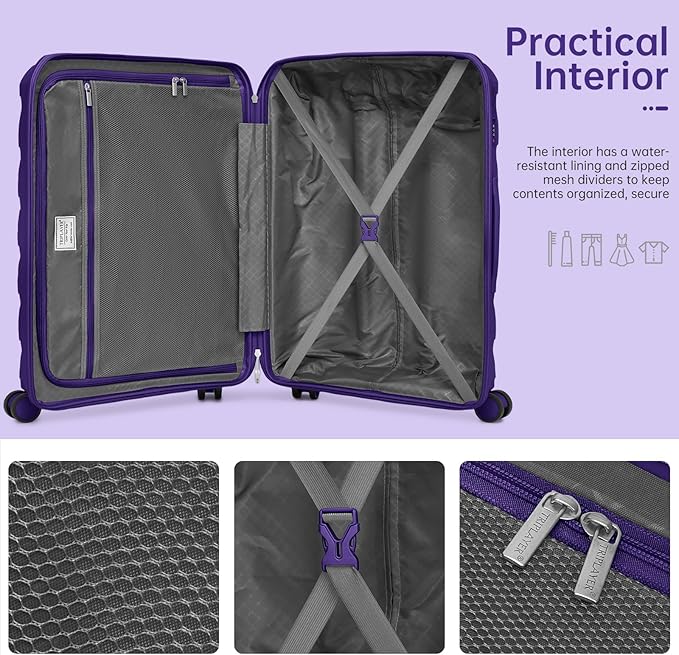 Carry On Luggage 22x14x9 Airline Approved, 22 Inch PP Hardshell Luggage Carry-on Suitcase with Spinner Wheels, Carry On Suitcase Set for Women(Purple)
