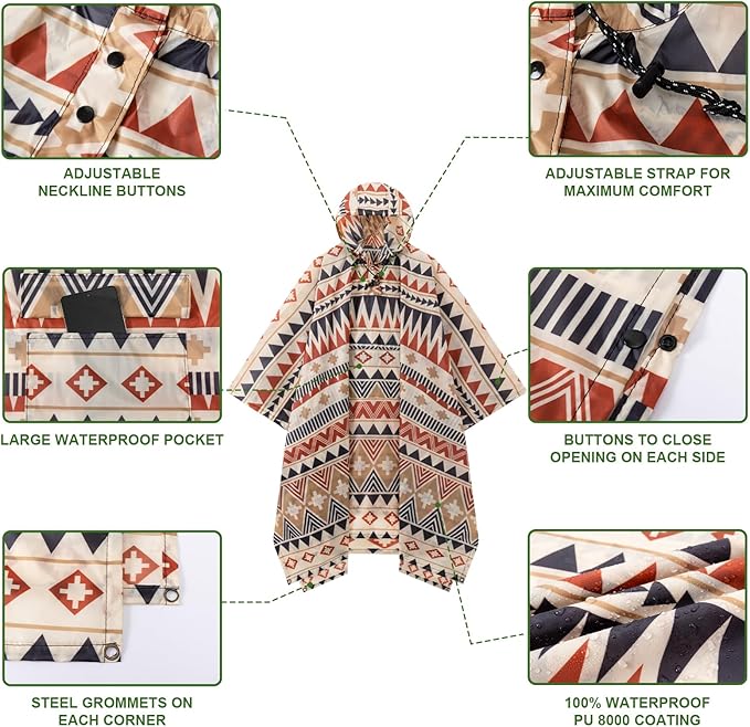 Hooded Rain Poncho for Adults - Waterproof Rain Coat and Lightweight Jacket 3-in-1 Multi-Function with Pockets