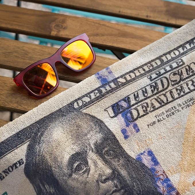 $100 Bill Money Beach Towel 30”x60” - Soft Cotton Velour, Highly Absorbant, Fast Drying, Easy-Pack for Spring Break, Vacation, Beach, Pool or Sunbathing - Lightweight, Compact for Travel-Novelty Gift