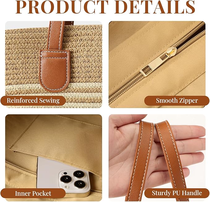 Trifabricy Beach Bags for Women, Summer Straw Beach Bag Straw Purse Shoulder Handbags Large Beach Tote for Summer Vacation