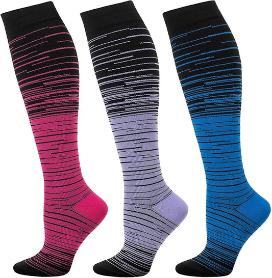 fenglaoda 3 Pairs Compression Socks for Women & Men Knee High Nurse Pregnant Cute Medical Running Travel Athletic