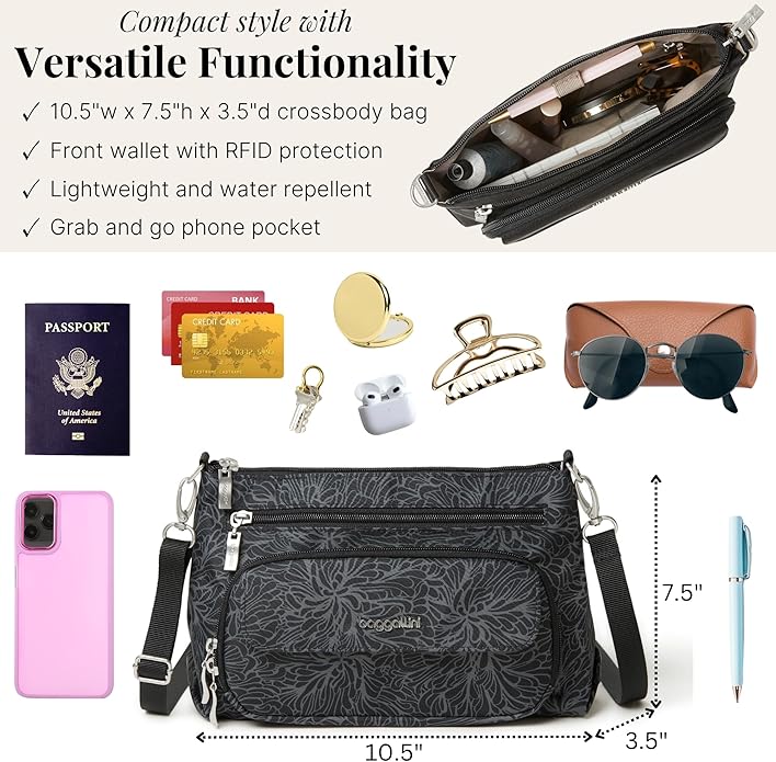 Baggallini Original Everyday 11x7.5 Crossbody Bags Rfid Protected Lightweight Nylon Zippered Travel Purse