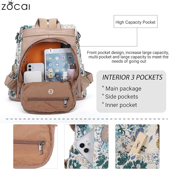 ZOCAI Backpack Purse for Women Fashion Backpack Purses PU Leather Daypacks Anti-Theft Shoulder Bag Satchel Purse
