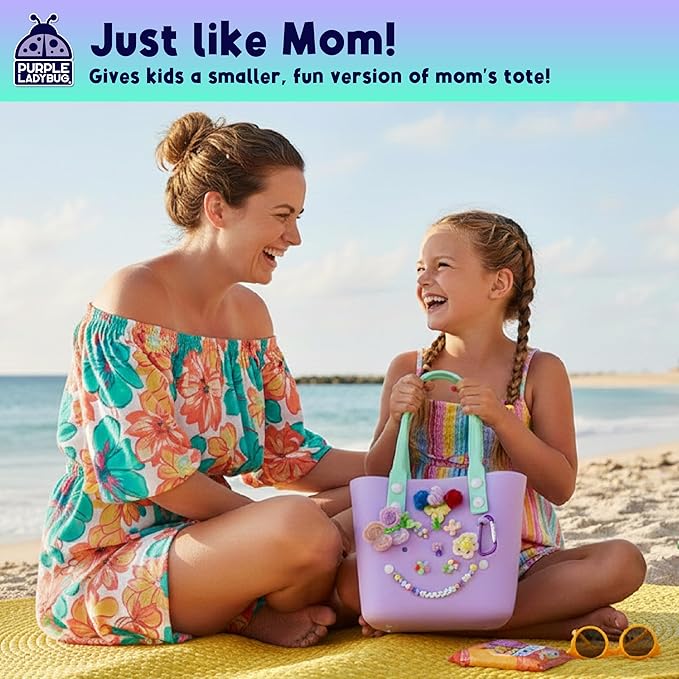 PURPLE LADYBUG Decorate Your Own Beach Tote Bag Tropical Fun- Themed Purple Rubber Beach Bag, Fun Girl Crafts for Girls Ages 6-8 Birthday Gift idea, Summer Travel Tote (Medium)