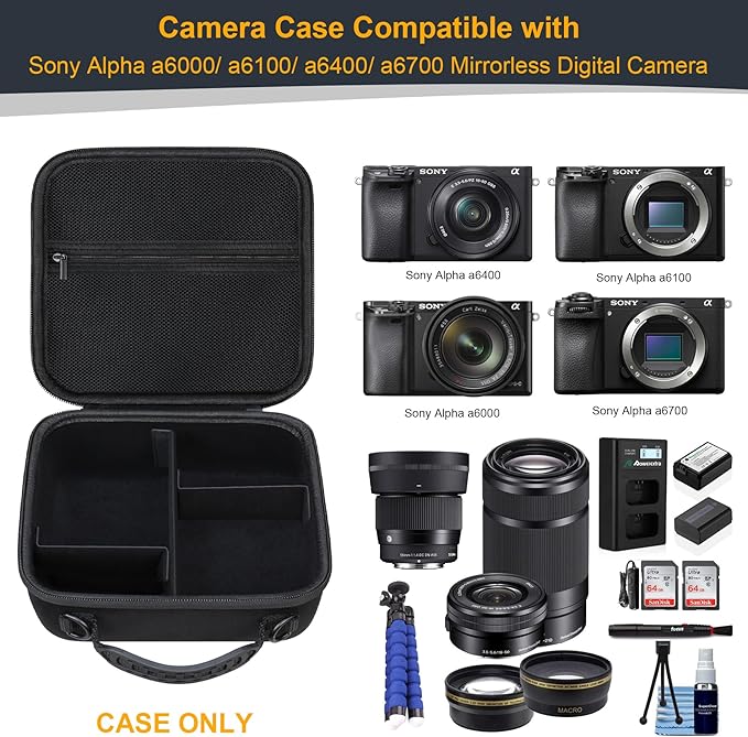 RAIALL Camera Case for Sony Alpha a6000/a6100/a6400/a6600/a6700/ Sony Alpha 7 II III IV/7R V/ZV-E10/ ZV-E10 II Mirrorless Digital Camera and Lens, Hard Travel Bag with a Shoulder Strap, Black