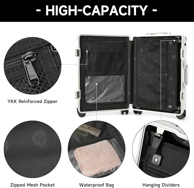 MYER Hard Case 24 Inch Checked Luggage with Spinner Wheels,Aluminum Luggage with 100% 3-Layer PC,Hard Shell Suitcases with Wheels,Cup Holder and USB Port (Milky White, 24 inch)