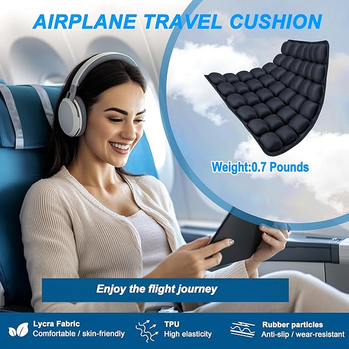 Upgrade Travel Seat Cushion for Airplane,Portable&Adjustable Air Seat Cushion,Coccyx Tailbone Pain Relief Chair Pad,Inflatable Cushion for Wheelchair, Travel,Driving,Office Work