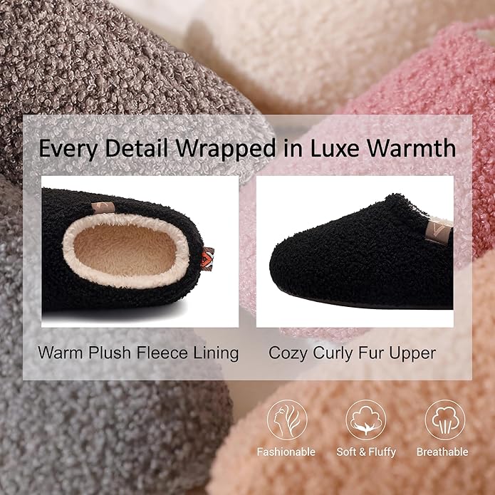 Women’s Fuzzy Memory Foam Slippers with Cozy Curly Fur and Warm Fleece Lining Closed Back Non-Slip House Shoes Lightweight Soft Comfy Indoor Bedroom Slippers