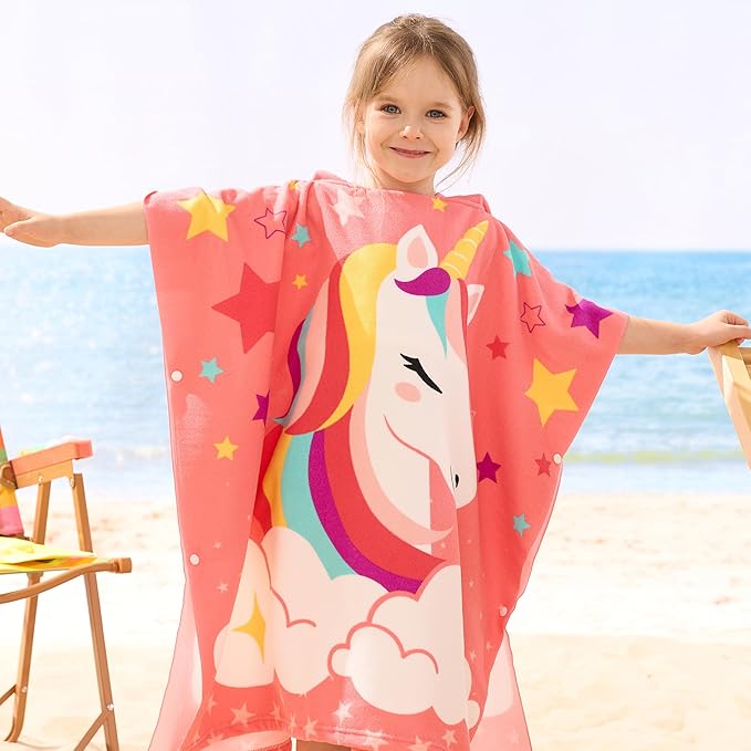Joiedomi Kids Beach Towels with Hood for Girls Pink Unicorn Hooded Toddler Bath Towel Quick Dry Soft Microfiber 24"x24"