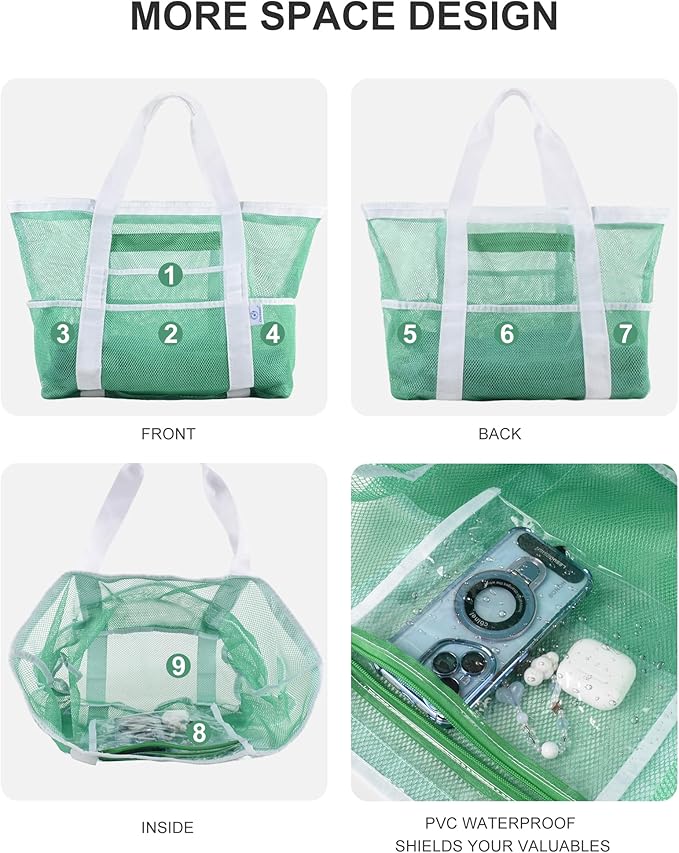 Genteen 40L Mesh Beach Bag, Foldable Sandproof Tote with Waterproof Pocket Quick Dry for Women Family Pool Vacation（White