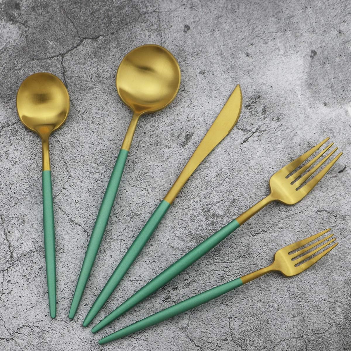 Green Handle Matte Gold Silverware, Gugrida 5-Piece 18/10 Stainless Steel Flatware Set, Kitchen Utensils, Tableware Travel Cutlery for Camping Office Lunch, Satin Finish, Dishwasher Safe