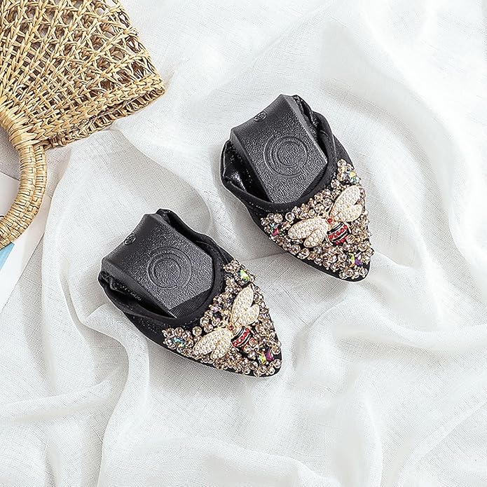 Women Ballet Flats Sparkly Rhinestone Wedding Ballerina Shoes Pointed Toe Foldable Comfort Slip on Flat Dress Shoes