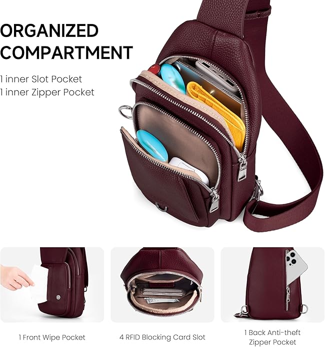 befen Anti Theft Genuine Leather Sling Bag for Women RFID Small Crossbody Bag Chest Bag Leather Fanny Packs for Travel
