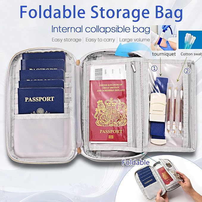 Multifunctional, Practical, RFID Family Passport Holder, Travel Wallet (gray), Travel document Organizer, Passport Bag, Three-layer Design, Multiple Pockets，Big Storage
