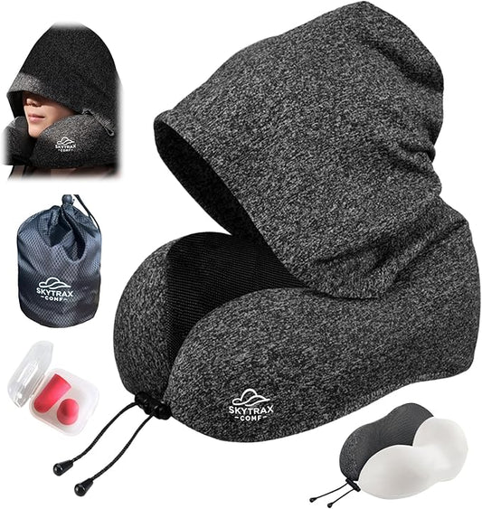Travel Pillow with Extra Large Hood for Airplane Long Flights Privacy and Comfort Memory Foam with Skin-Friendly Cover for Road Trip Head&Neck Support for Plane Office Cars Sleeping & Rest (Grey)
