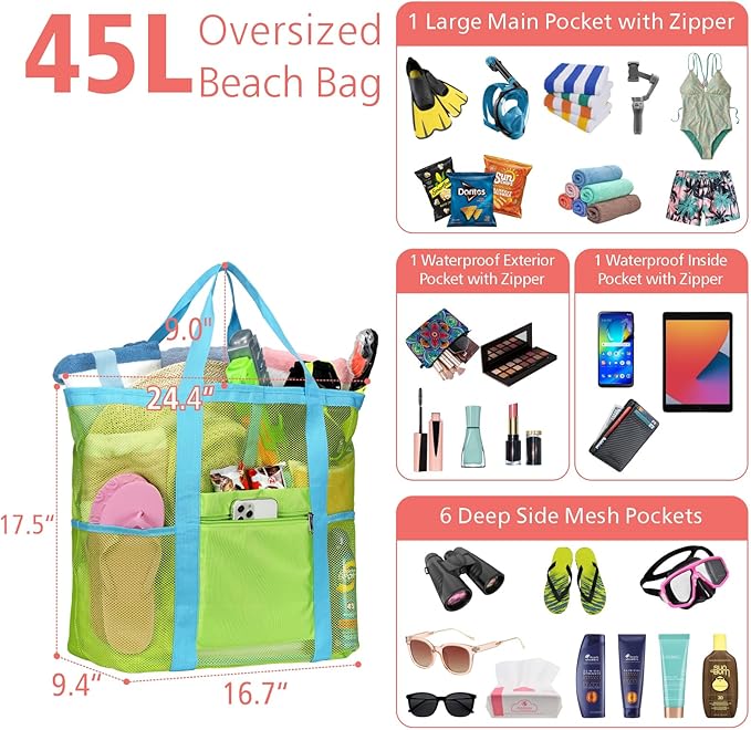F-color Mesh Beach Bag Family - Large Tote Bag for Cruise Pool Toys Beach Vacation Essentials