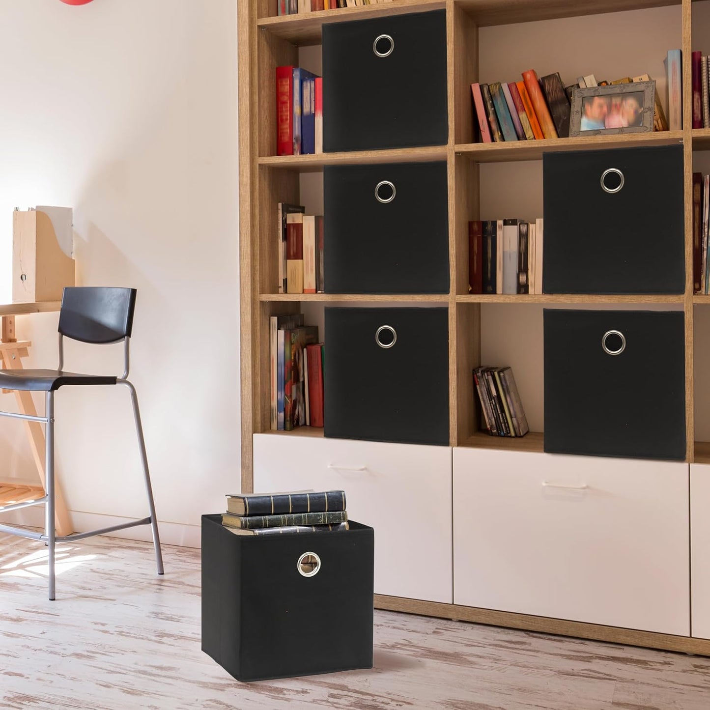 SIMPLE HOUSEWARE 11-Inch Collapsible Fabric Cube Storage Bin with Handles, Printed Design, 6 Pack, Black