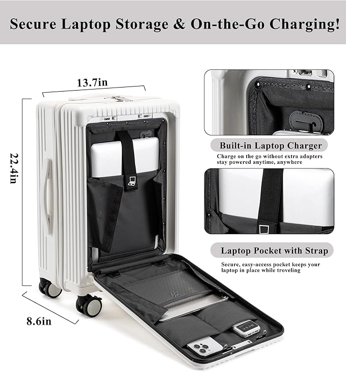 feilario 20in Hardside Spinner Wheel Luggage with Zipper Closure, Built-In TSA lock Carry on Suitcase, with Cup Holder & USB Port & Phone Holder White(with zipper closure, 20in)
