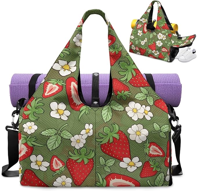 Strawberry Gym Bag with Shoe Compartment and Yoga Mat Holder, Waterproof Daisy Duffel Bag with Pockets Green Workout Bag for Men Fitness Workout Sports Bag