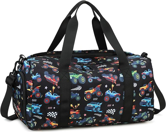 BTOOP Kids Overnight Bag for Boys Small Soccer Sports Gym Bags Duffle Tote With Shoe Compartment Toddler Weekender Sleepover Bags for Travel (Truck-Black)