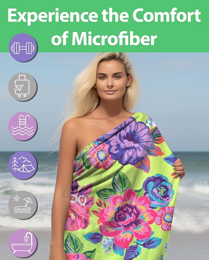 Microfiber Beach Towel, Double-Sided 71X32" Large, Thin, Lightweight, Sand Free, Quick Dry Towel, High Absorbent, Compact- Swim, Pool, Camping, Cruise, Travel Towel, Beach blanket, Carry Bag, Floral