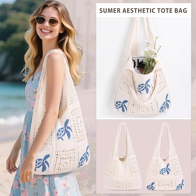 Sightor Crochet Tote Bag, Mesh Beach Bag Knit Summer Hobo Bag Vacation Boho Tote Bag for Women