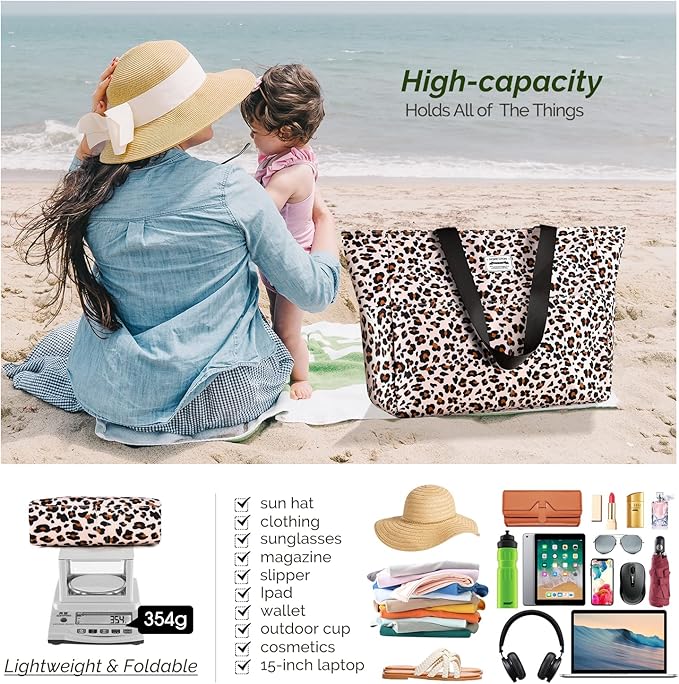 HOMESPON Large Waterproof Beach Bag for Women Sandproof Tote Bag Pool Bag with Zipper and Pockets for Travel Vacation Gym
