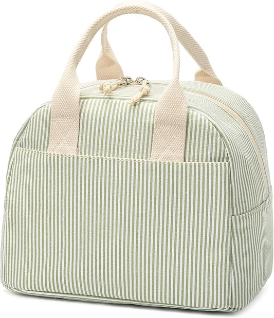 Insulated Lunch Bag for Women, Reusable Green Striped Lunch Box Cooler Bag with Large Capacity, Durable Lunch Tote for Work