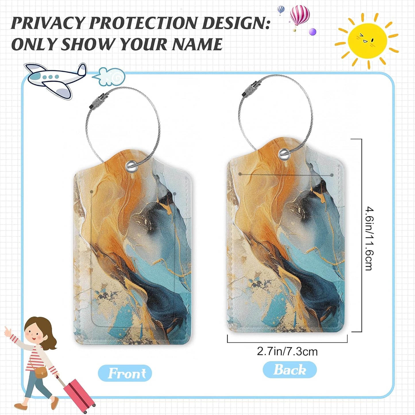 3 Pack Luggage Tag for Suitcase,Marble Gold Blue Leather Luggage Tags with Privacy Cover Name ID Label Identifiers Travel Bag Tags for Women Men Boys Girls