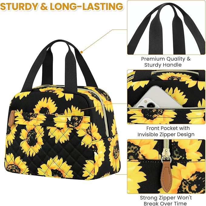 Insulated Lunch Bag for Women, Portable Lightweight Lunch Box for Adults, Reusable Small Lunch Tote Cooler Bags with Front Zipper Pocket for Work School Picnic(Sunflower)