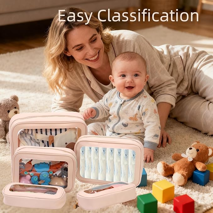 2PCS Diaper Bag Organizer Pouch Set，Clear Organizer Bags,TSA Approved Toiletry Bag,Clear Waterproof Cosmetic Bags with Zipper,Purse Organizer Pouches,Travel Organizer Bags for Woman and Kids,Pink M+L