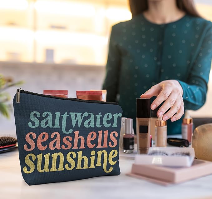 Beach Makeup Bag,Sunscreen Summer Travel Makeup Pouch,Saltwater Seashells Sunshine Travel Cosmetic Zipper Bags for Women,Beach Gifts for Women (color-03)