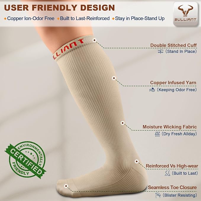 BULLIANT Compression Socks 3Pairs-15-20mmHg Circulation Support Men Women Hiking Sports Recovery-Upgraded Wicking Tech