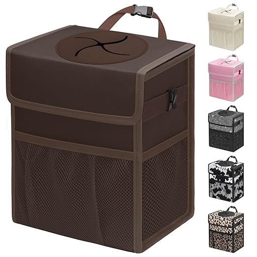 Capolo Car Trash Can with Lid, Leakproof Car Trash Bag Hanging Waterproof Automotive Garbage Can with Storage Pockets Mini Vehicle Trash Bin for Back/Front Seat(Brown,2.5 Gallon)