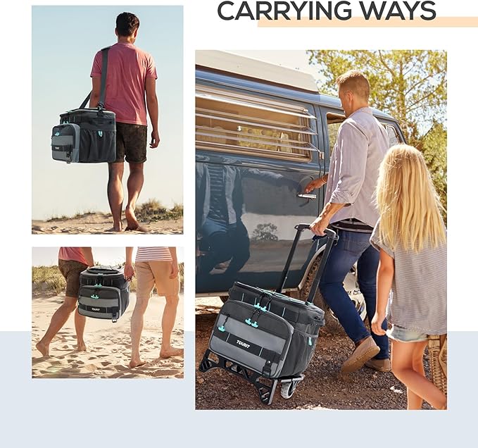 TOURIT 48 Can Collapsible Cooler with Wheels, Insulated Rolling Cooler with All-Terrain Cart, Waterproof Soft Sided Cooler Bag for Beach, Picnic, Camping, Shopping, Travel