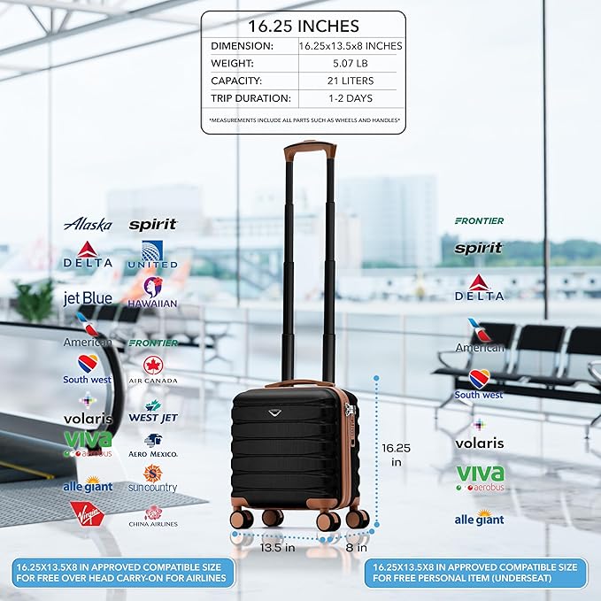 Flight Knight Carry On Suitcase 16.25x13.5x8 Hardside TSA Lock USB Port Lightweight Luggage Silent Double Spinner Wheels Maximum Underseat Carry-On Bag For Virgin South West Approved Black/Tan