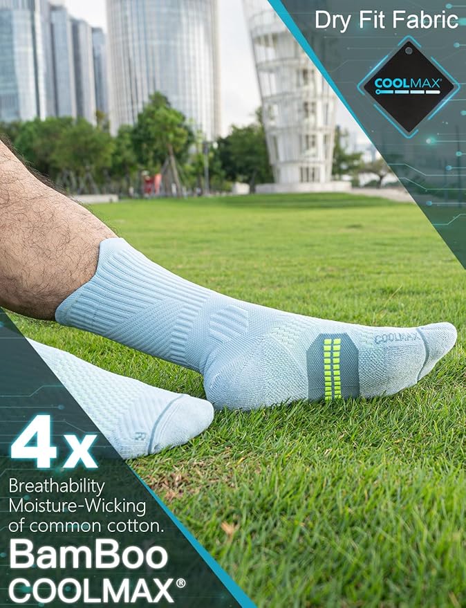 Compression Running Socks, Bamboo Viscose Coolmax Moisture-Wicking Anti-Blister Athletic Hiking Workout Gym Padded