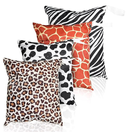 Frienda 4 Pieces Wet Dry Bag for Baby Waterproof Reusable Washable Diaper Bag Sealed with Handle for Travel, Beach, Swimsuit, Diapers, Dirty Gym Clothes and Toiletries (Animal Print)