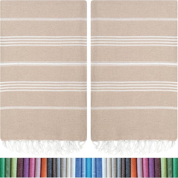 HAVLULAND Turkish Beach Towel 2 Pack, Oversized (40"x72") 100% Turkish Cotton - Sand Free, Quick Dry, Super Absorbent Beach & Pool Towels - Travel Blanket for Adults - Beige