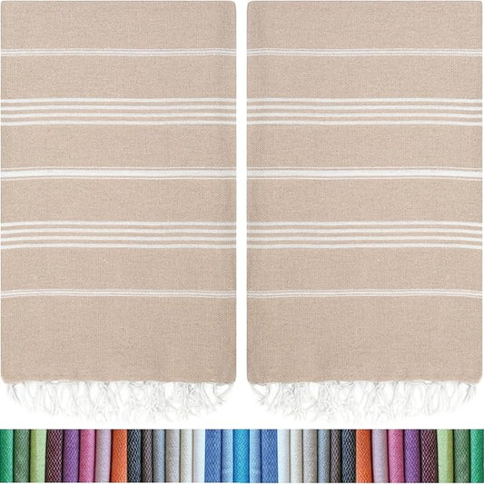 HAVLULAND Turkish Beach Towel 2 Pack, Oversized (40"x72") 100% Turkish Cotton - Sand Free, Quick Dry, Super Absorbent Beach & Pool Towels - Travel Blanket for Adults - Beige