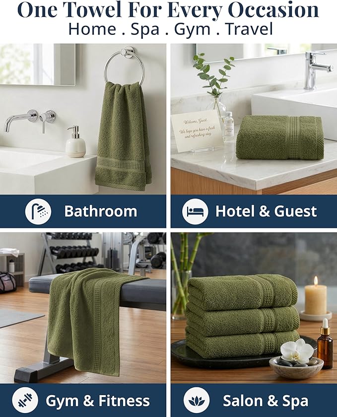 LANE LINEN Bath Hand Towels for Bathroom - 6 Pack (16" x 28"), 100% Cotton Hand & Face Towels Set - Soft, Prevent Fraying & Machine Washable - Everyday Family Towel, Gets Softer Each Wash - Oil Green