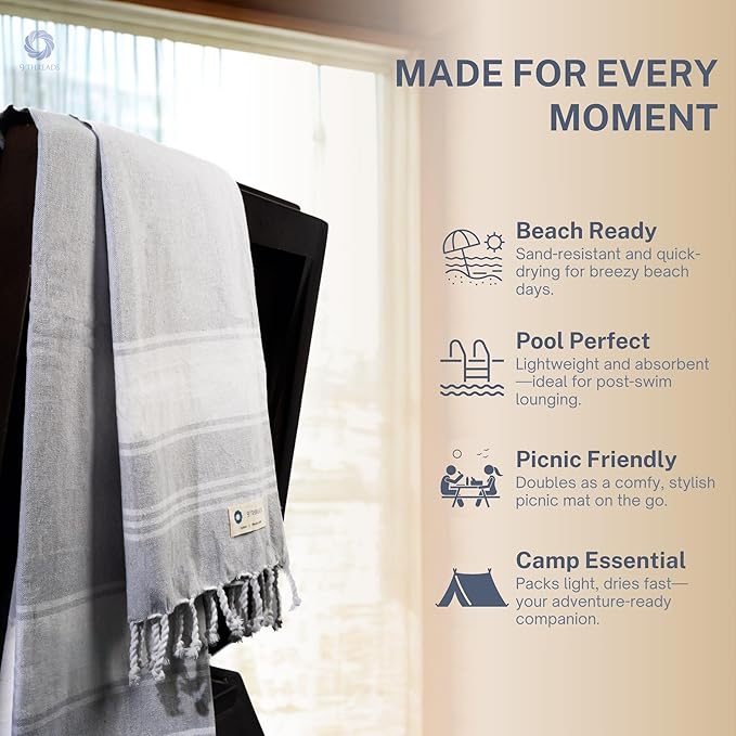 Cotton Turkish Beach Towel with Towels Oversized 36"x72" Pool Absorbent Extra Large Quick Dry Sand Travel Towel (Light Grey, 2 Pack)