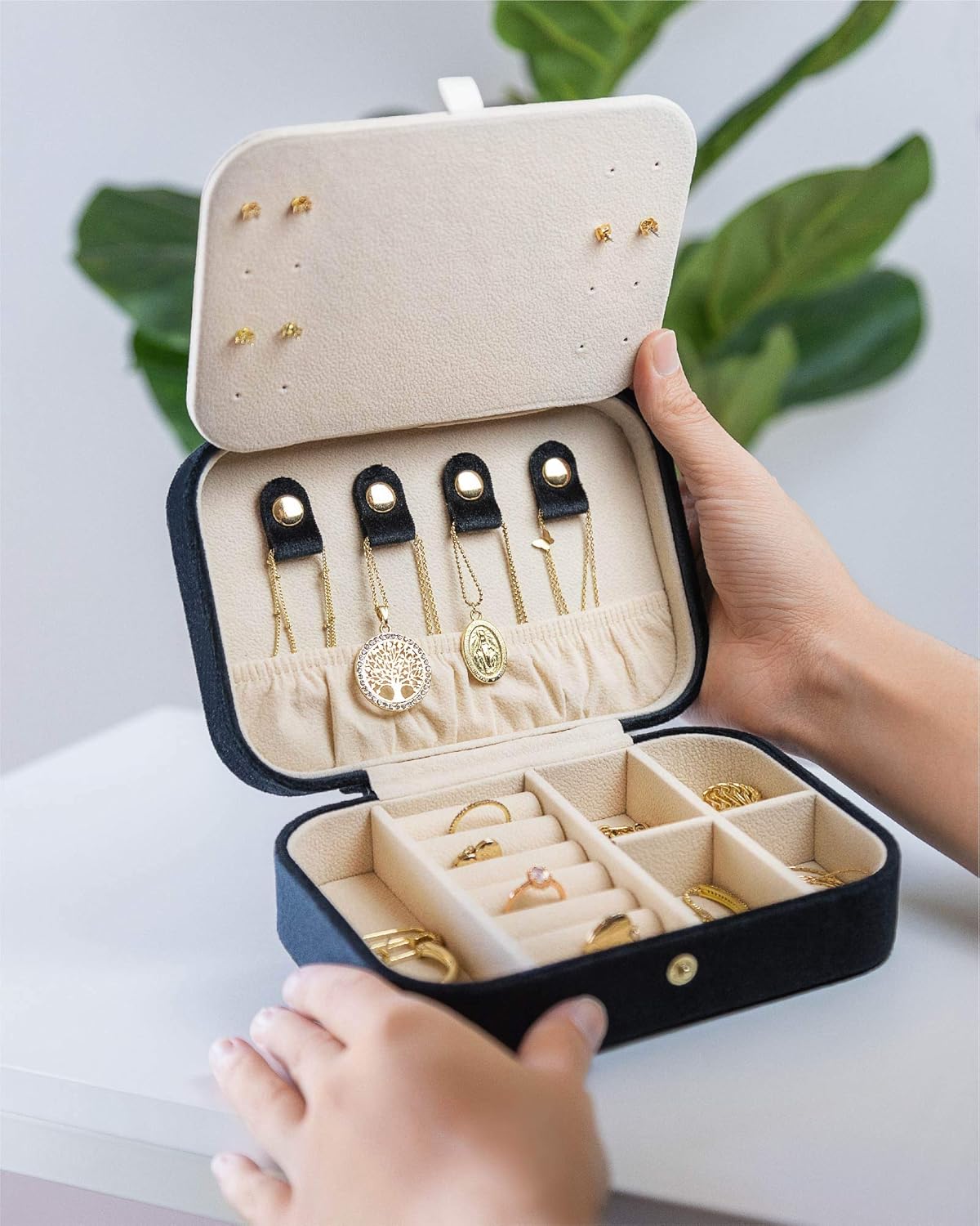 Benevolence LA Plush Velvet Travel Jewelry Storage Box | Earring Organizer with Mirror | Small Case for Women's Accessories | Gift for Mom, Sister, Girlfriend - Ebony