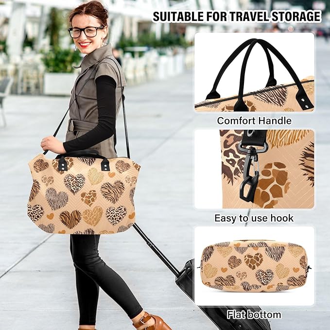 Travel Duffle Bag, Leopard Print Heart Gym Bag with Storage Bag Weekender Overnight Bag for Men Women Trip Sports Yoga